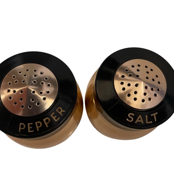 Vintage Aluminum Copper Finish Salt & Pepper Shakers Black Lids Lettering NICE - Picture 3 of 11